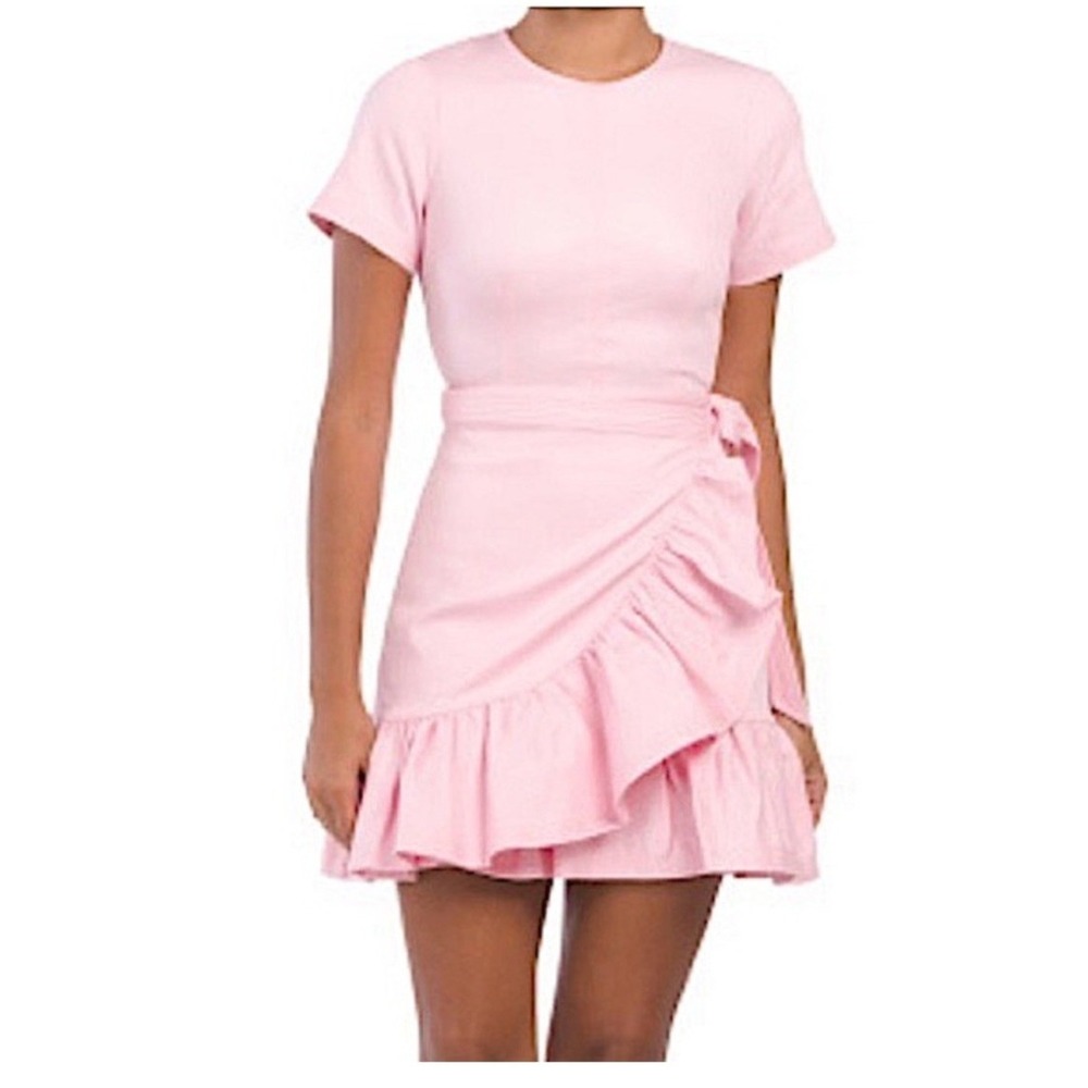 Cinq a Sept Pink Josi Dress Demin Mini Ruffles Tie Waist Zip Closure size 4